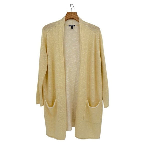 Eileen Fisher Organic Cotton Linen Slub Long Cardigan in Butter Yellow Size M - Picture 3 of 10